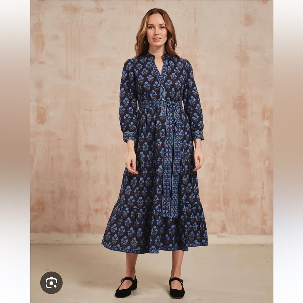 Blue Floral Long-Sleeve Maxi Dress with Belt